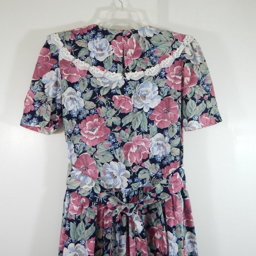 vintage 80s PRAIRIE DRESS COTTAGECORE floral pearl buttons midi puffy shoulder M - Picture 4 of 7